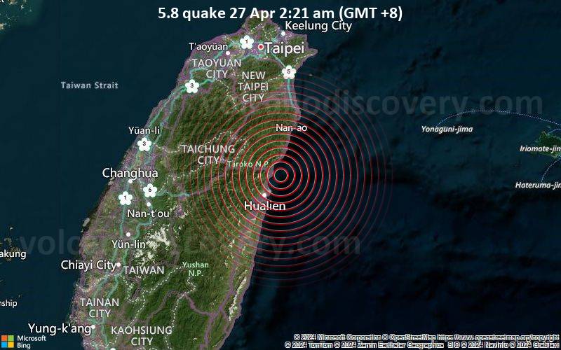 Starkes Beben der Stärke 5.8 - Philippine Sea, 20 km nordöstlich von Hualien City, Taiwan, am Samstag, 27. April 2024, um 02:21 (Taipei Zeit)