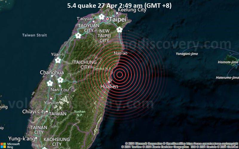 Starkes Beben der Stärke 5.4 - 23 km nordöstlich von Hualien City, Taiwan, am Samstag, 27. April 2024, um 02:49 (GMT +8)