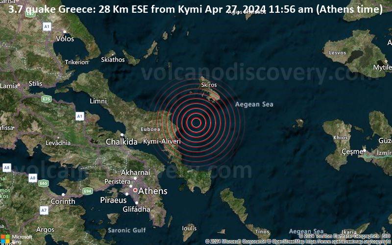 3.7 quake Greece: 28 Km ESE from Kymi Apr 27, 2024 11:56 am (Athens time)