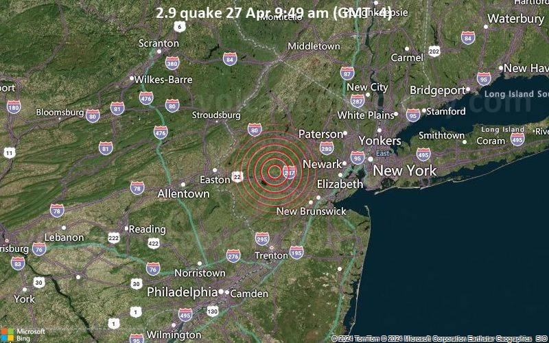 Schwaches Erdbeben Stärke 2.9 - 7 km WSW of Gladstone, New Jersey, am Samstag, 27. April 2024, um 09:49 (New York Zeit)