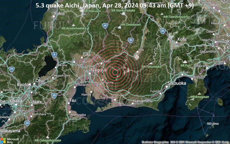 Moderates Erdbeben der Stärke 5.3 - 44 km östlich von Nagoya, Aichi, Japan, am Sonntag, 28. April 2024, um 05:43 (GMT +9)