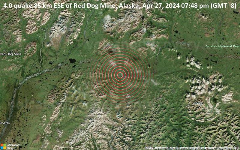 Moderates Erdbeben der Stärke 4.0 - 85 km ESE of Red Dog Mine, Alaska, am Samstag, 27. April 2024, um 19:48 (GMT -8)