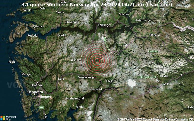 Leichtes Erdbeben der Stärke 3.1 - Southern Norway am Montag, 29. April 2024, um 04:21 (Oslo Zeit)