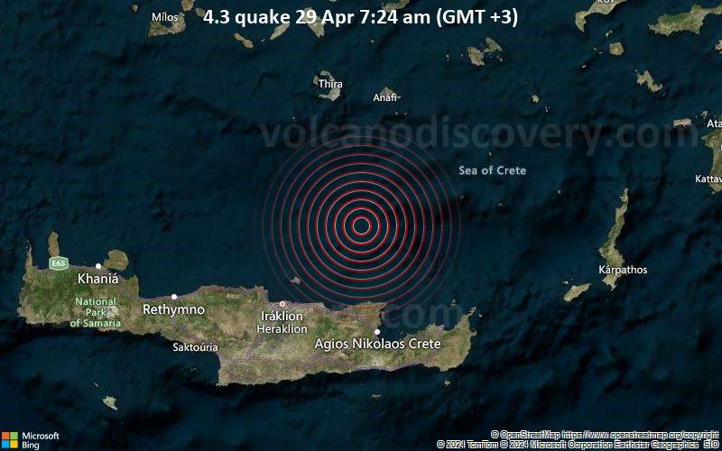 Moderates Erdbeben der Stärke 4.3 - Ägäisches Meer, 61 km nordöstlich von Heraklion, Griechenland, am Montag, 29. April 2024, um 07:24 (Athens Zeit)