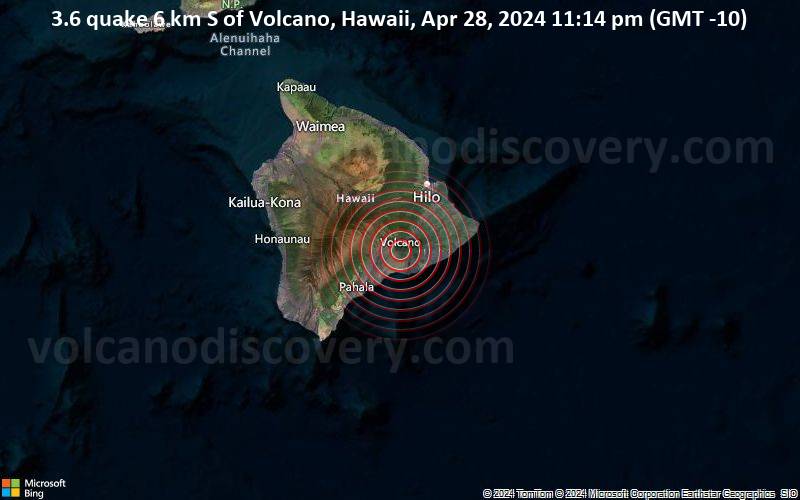 3.6 quake 6 km S of Volcano, Hawaii, Apr 28, 2024 11:14 pm (GMT -10)