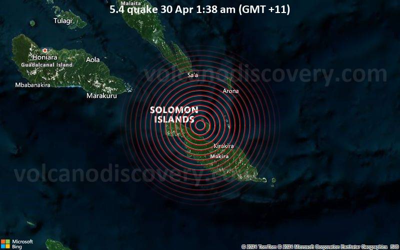 Moderates Erdbeben der Stärke 5.4 - Solomon Islands am Dienstag, 30. April 2024, um 01:38 (Guadalcanal Zeit)