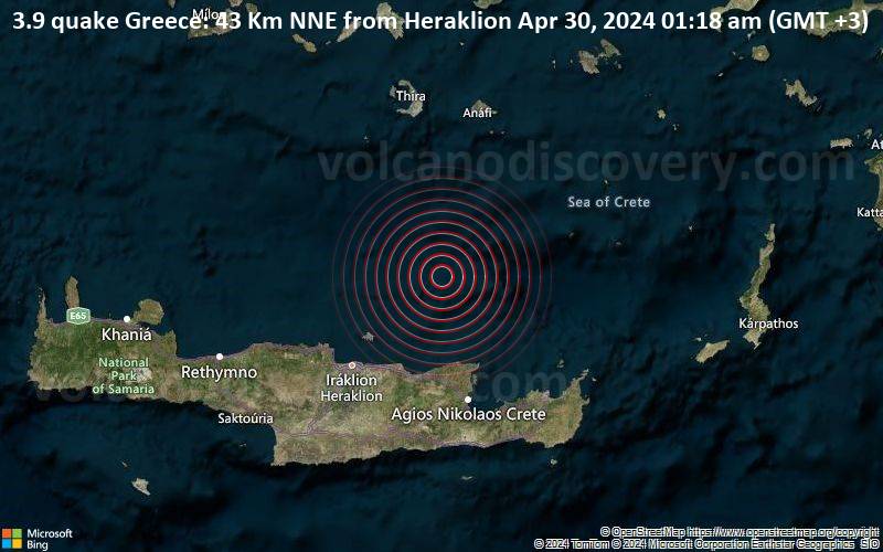 3.9 quake Greece: 43 Km NNE from Heraklion Apr 30, 2024 01:18 am (GMT +3)