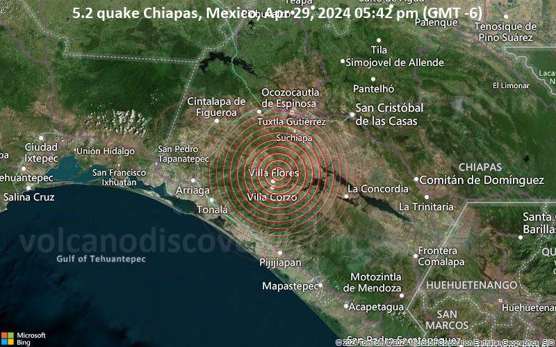 Moderates Erdbeben der Stärke 5.2 - Chiapas, Mexico, am Montag, 29. April 2024, um 17:42 (GMT -6)
