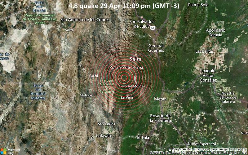 Moderates Erdbeben der Stärke 4.8 - Chicoana, 46 km südwestlich von Salta, Capital, Salta, Argentinien, am Montag, 29. April 2024, um 23:09 (Salta Zeit)