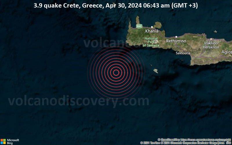 Leichtes Erdbeben der Stärke 3.9 - Crete, Greece, am Dienstag, 30. April 2024, um 06:43 (GMT +3)