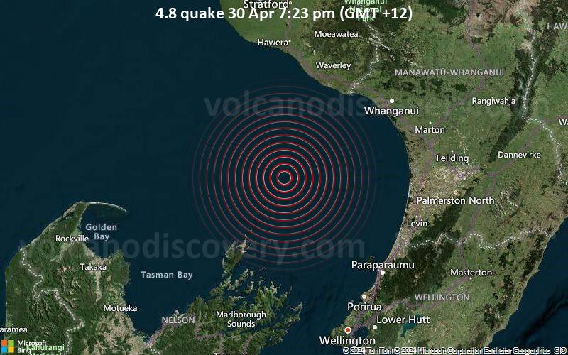 Leichtes Erdbeben der Stärke 4.8 - Tasman Sea, 83 km südwestlich von Whanganui, Manawatu-Wanganui, Neuseeland, am Dienstag, 30. April 2024, um 19:23 (GMT +12)