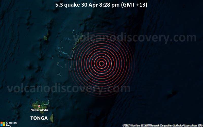 Moderates Erdbeben der Stärke 5.3 - South Pacific Ocean, 139 km südöstlich von Tofua , Ha`apai, Tonga, am Dienstag, 30. April 2024, um 20:28 (GMT +13)
