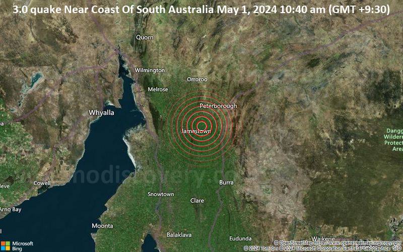 Leichtes Erdbeben der Stärke 3.0 - Near Coast Of South Australia am Mittwoch,  1. Mai 2024, um 10:40 (GMT +9:30)