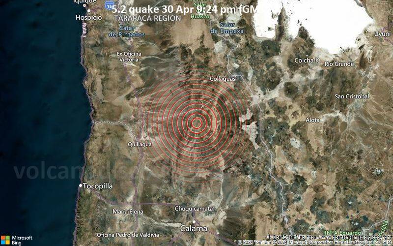 Moderates Erdbeben der Stärke 5.2 - 113 km nördlich von Calama, El Loa, Antofagasta, Chile, am Dienstag, 30. April 2024, um 21:24 (GMT -4)