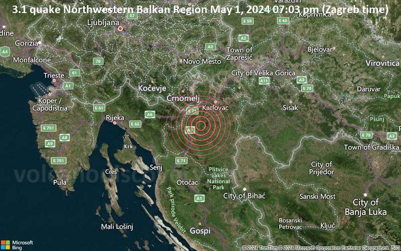 Leichtes Erdbeben der Stärke 3.1 - Northwestern Balkan Region am Mittwoch,  1. Mai 2024, um 19:03 (Zagreb Zeit)