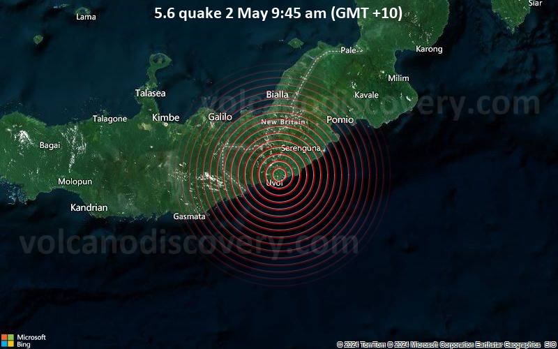 Moderates Erdbeben der Stärke 5.6 - 225 km südwestlich von Herbertshöhe, East New Britain, Papua-Neuguinea, am Donnerstag,  2. Mai 2024, um 09:45 (Port Moresby Zeit)