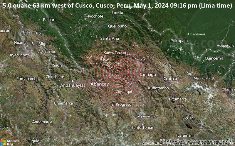 5.0 quake 63 km west of Cusco, Cusco, Peru, May 1, 2024 09:16 pm (Lima time)