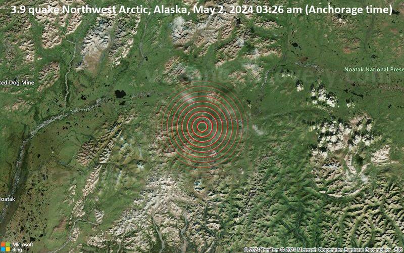Moderates Erdbeben der Stärke 3.9 - 87 km ESE of Red Dog Mine, Alaska, am Donnerstag,  2. Mai 2024, um 03:26 (Anchorage Zeit)