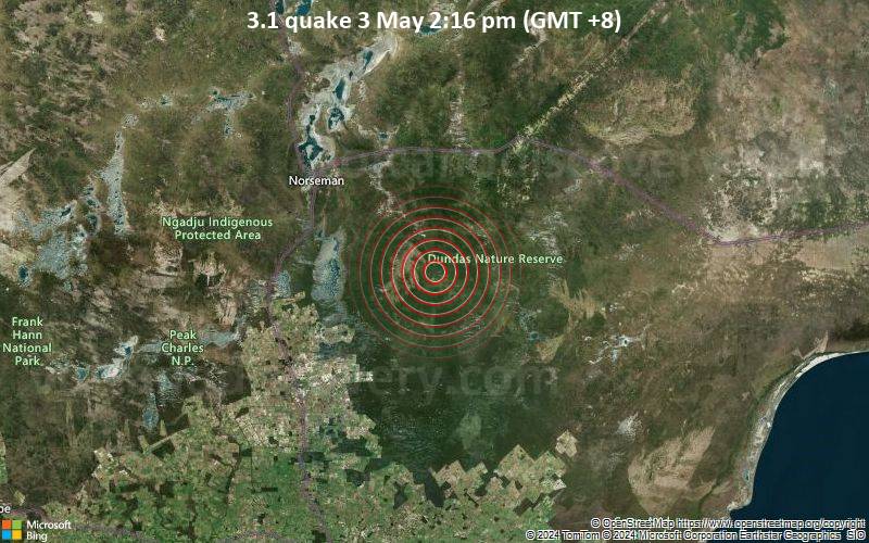Leichtes Erdbeben der Stärke 3.1 - 71 km südöstlich von Norseman, Dundas, Westaustralien, Australien, am Freitag,  3. Mai 2024, um 14:16 (GMT +8)