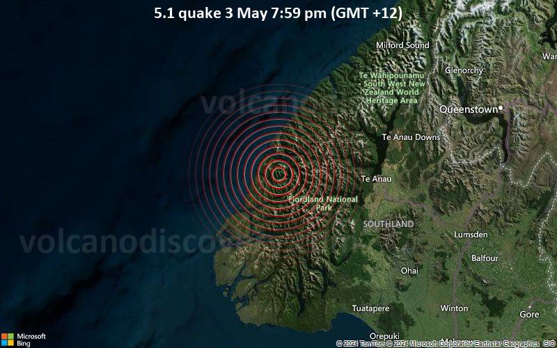 Moderates Erdbeben der Stärke 5.1 - 60 km westlich von Te Anau, Southland, Neuseeland, am Freitag,  3. Mai 2024, um 19:59 (Auckland Zeit)