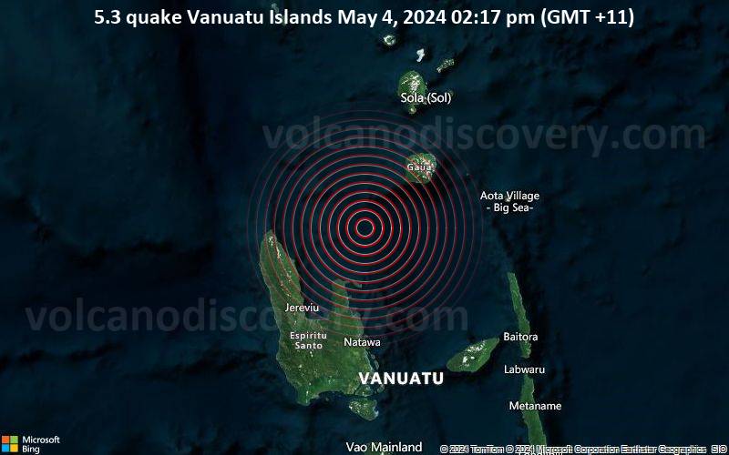 Moderates Erdbeben der Stärke 5.3 - Vanuatu Islands am Samstag,  4. Mai 2024, um 14:17 (GMT +11)
