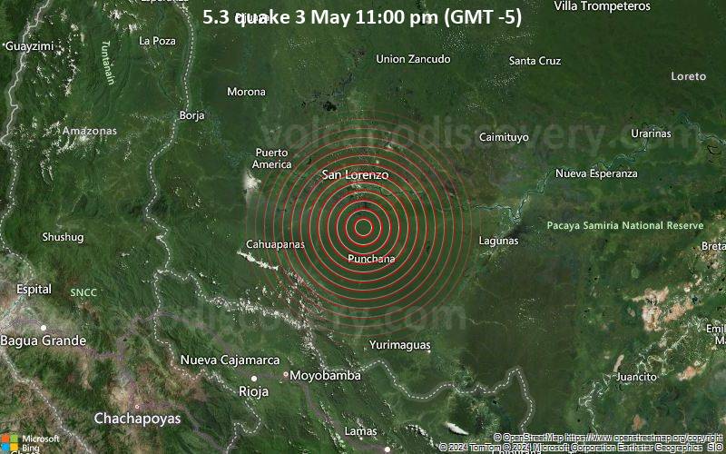 Starkes Beben der Stärke 5.3 - 95 km nordwestlich von Yurimaguas, Loreto, Peru, am Freitag,  3. Mai 2024, um 23:00 (Lima Zeit)
