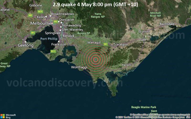 Leichtes Erdbeben der Stärke 2.9 - 35 km südlich von Warragul, Baw Baw, Victoria, Australien, am Samstag,  4. Mai 2024, um 20:00 (GMT +10)
