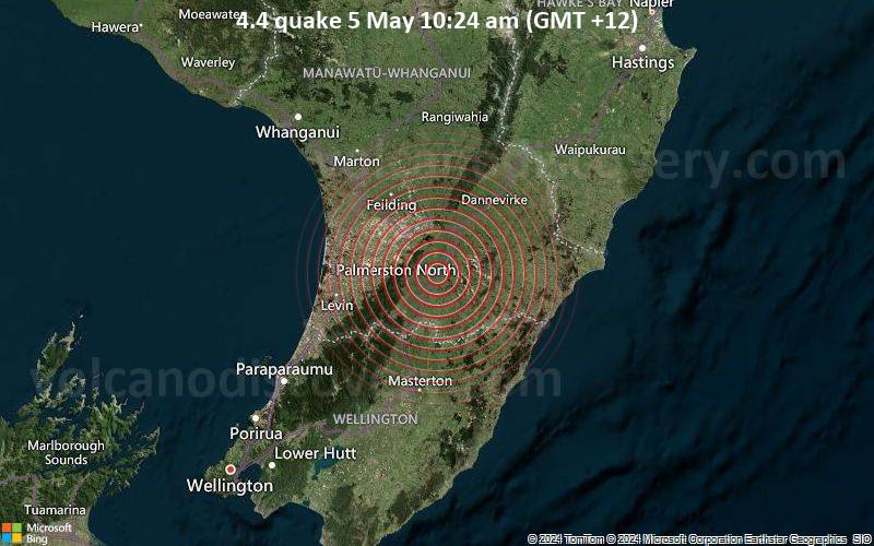 Moderates Erdbeben der Stärke 4.4 - 22 km südöstlich von Palmerston North, Manawatu-Wanganui, Neuseeland, am Sonntag,  5. Mai 2024, um 10:24 (Auckland Zeit)