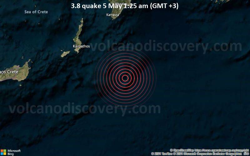 Leichtes Erdbeben der Stärke 3.8 - Östliches Mittelmeer, 103 km östlich von Kasos , Griechenland, am Sonntag,  5. Mai 2024, um 01:25 (GMT +3)