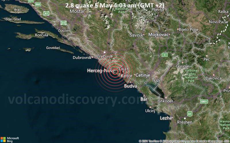 Leichtes Erdbeben der Stärke 2.8 - Adriatisches Meer, 1.5 km südlich von Herceg Novi, Herceg Novi, Montenegro, am Sonntag,  5. Mai 2024, um 04:03 (Podgorica Zeit)