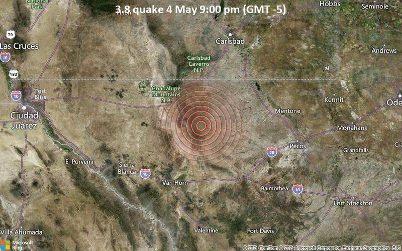 Leichtes Erdbeben der Stärke 3.8 - Texas, 99 km südlich von Carlsbad, Eddy County, New Mexico, USA, am Samstag,  4. Mai 2024, um 21:00 (GMT -5)