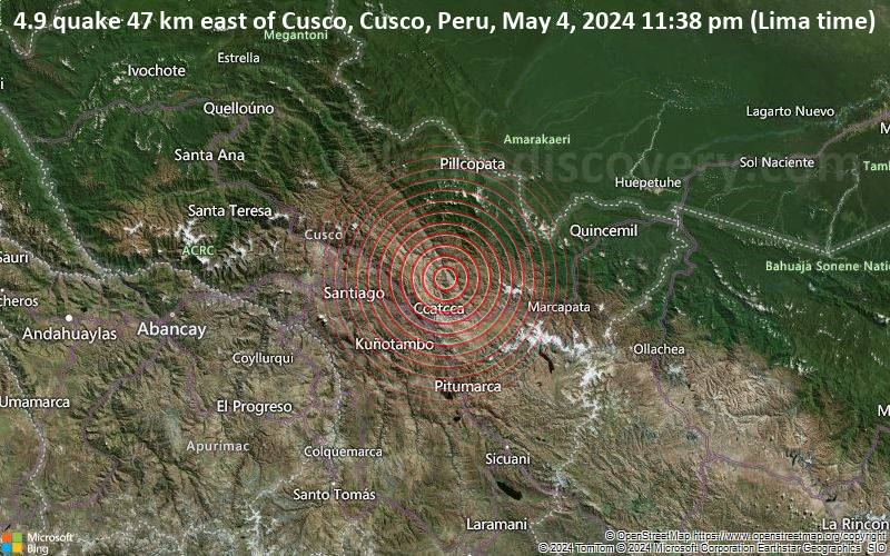 Moderates Erdbeben der Stärke 4.9 - 47 km östlich von Cusco, Cusco, Peru, am Samstag,  4. Mai 2024, um 23:38 (Lima Zeit)