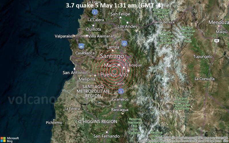 Schwaches Erdbeben Stärke 3.7 - Talagante, 26 km südwestlich von Santiago de Chile, Santiago, Chile, am Sonntag,  5. Mai 2024, um 01:31 (Santiago Zeit)