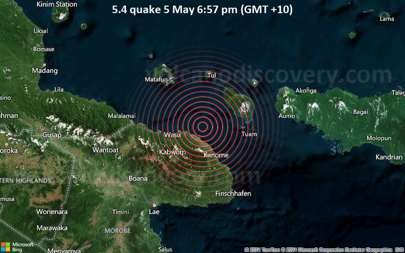Moderates Erdbeben der Stärke 5.4 - Papua New Guinea Region am Sonntag,  5. Mai 2024, um 18:57 (GMT +10)