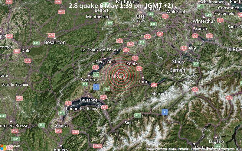 Leichtes Erdbeben der Stärke 2.8 - 25 km südwestlich von Bern, Bern-Mittelland, Bern, Schweiz, am Montag,  6. Mai 2024, um 13:39 (Zurich Zeit)