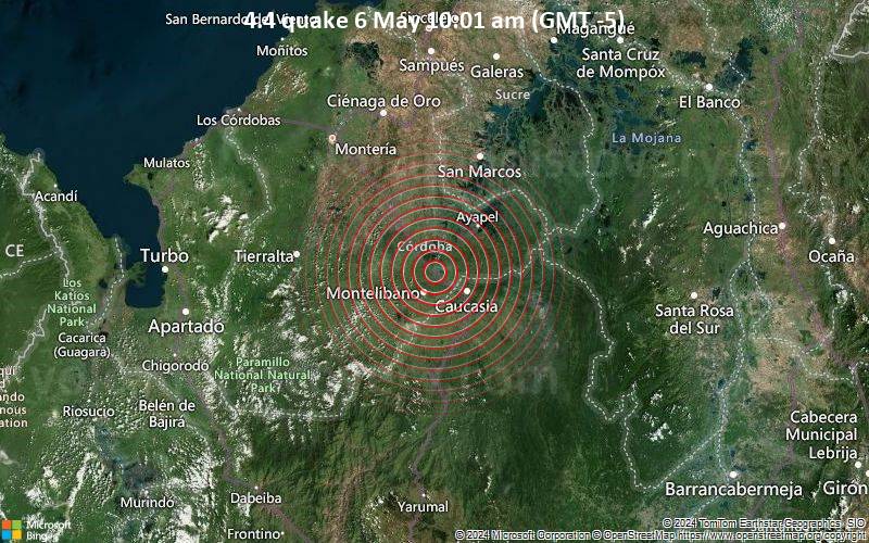 Moderates Erdbeben der Stärke 4.4 - 13 km nordöstlich von Montelibano, Cordoba, Kolumbien, am Montag,  6. Mai 2024, um 10:01 (Bogota Zeit)