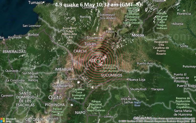 Moderates Erdbeben der Stärke 4.9 - Sucumbios, 41 km südöstlich von Tulcán, Carchi, Ecuador, am Montag,  6. Mai 2024, um 10:32 (Guayaquil Zeit)