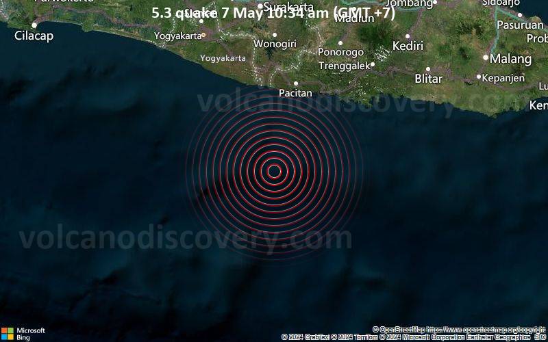Starkes Beben der Stärke 5.3 - Indischer Ozean, 127 km südwestlich von Ponorogo, Jawa Timur, Indonesien, am Dienstag,  7. Mai 2024, um 10:34 (GMT +7)