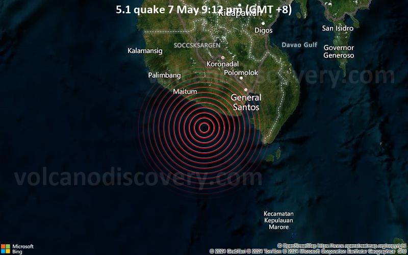 Moderates Erdbeben der Stärke 5.1 - 23 km SSW of Maan, Philippines, am Dienstag,  7. Mai 2024, um 21:12 (GMT +8)