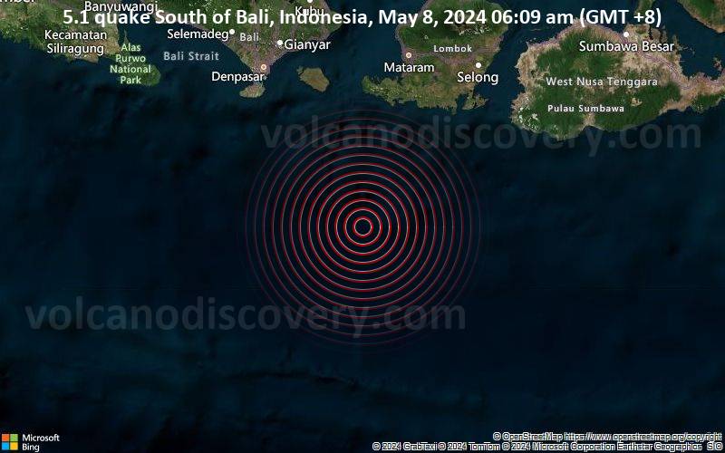 Moderates Erdbeben der Stärke 5.1 - South of Bali, Indonesia, am Mittwoch,  8. Mai 2024, um 06:09 (GMT +8)