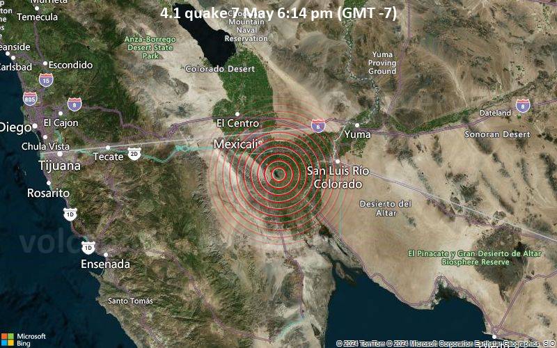 Moderates Erdbeben der Stärke 4.1 - 32 km südöstlich von Mexicali, Baja California, Mexiko, am Dienstag,  7. Mai 2024, um 18:14 (Tijuana Zeit)