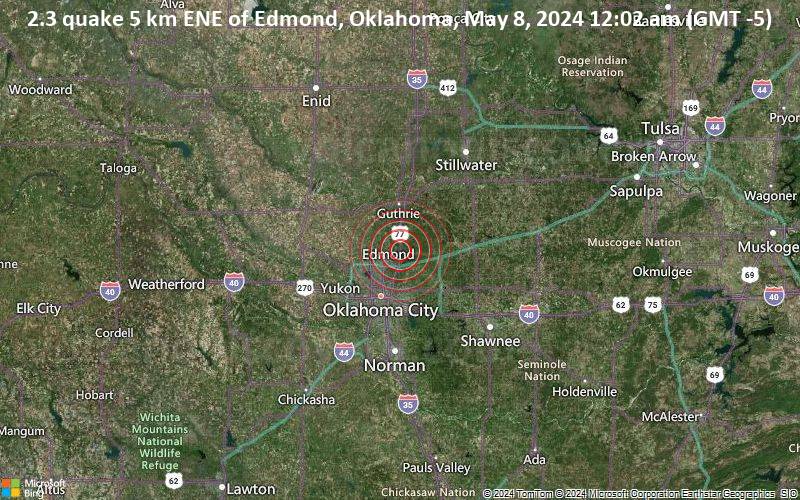 Schwaches Erdbeben Stärke 2.3 - 5 km ENE of Edmond, Oklahoma, am Mittwoch,  8. Mai 2024, um 00:02 (GMT -5)