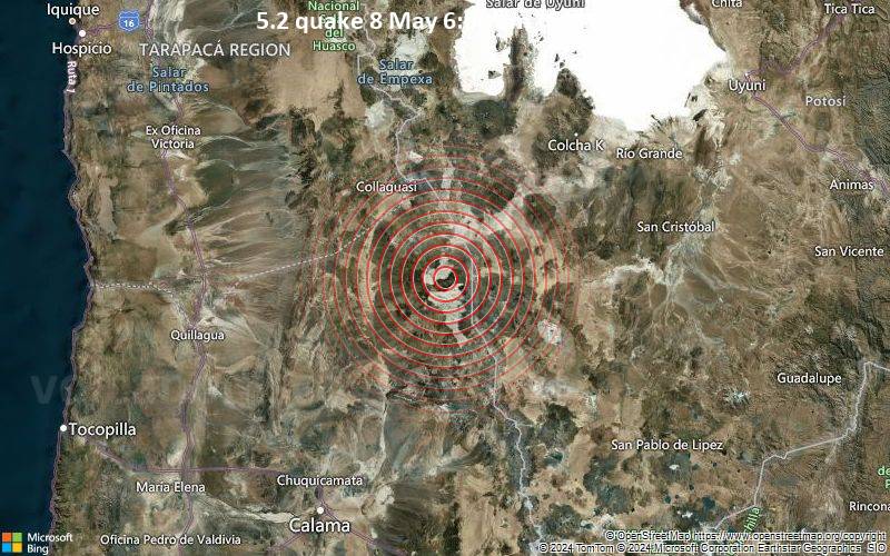 Moderates Erdbeben der Stärke 5.2 - 134 km nordöstlich von Calama, El Loa, Antofagasta, Chile, am Mittwoch,  8. Mai 2024, um 06:00 (Santiago Zeit)