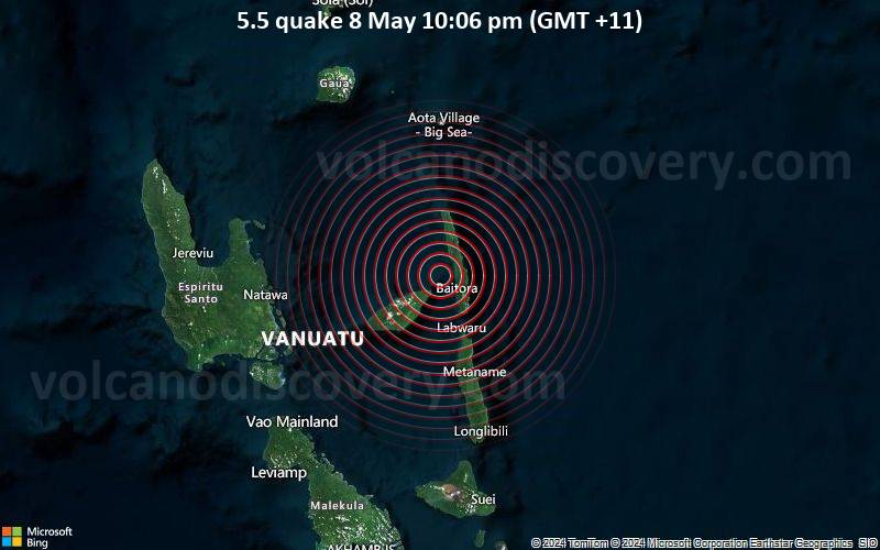 Starkes Beben der Stärke 5.5 - 283 km nördlich von Port Vila, Shefa, Vanuatu, am Mittwoch,  8. Mai 2024, um 22:06 (GMT +11)