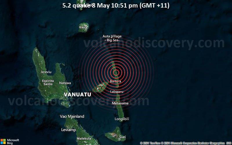 Starkes Beben der Stärke 5.2 - 113 km ENE of Luganville, Vanuatu, am Mittwoch,  8. Mai 2024, um 22:51 (Efate Zeit)
