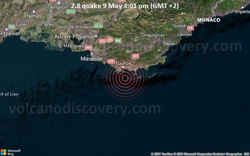Leichtes Erdbeben der Stärke 2.8 - 15 km südlich von Toulon, Var, Provence-Alpes-Côte d’Azur, Frankreich, am Donnerstag,  9. Mai 2024, um 16:01 (Paris Zeit)