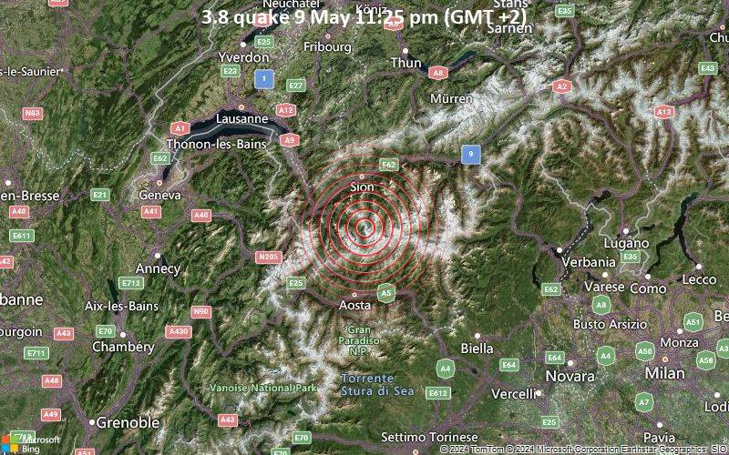 Moderates Erdbeben der Stärke 3.8 - Entremont, 23 km südlich von Sitten, Sion, Wallis, Schweiz, am Donnerstag,  9. Mai 2024, um 23:25 (Zurich Zeit)