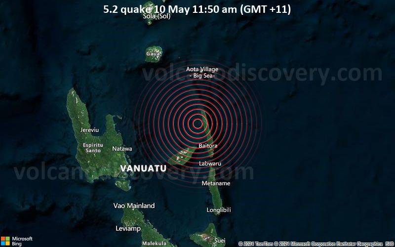 Starkes Beben der Stärke 5.2 - Vanuatu Islands am Freitag, 10. Mai 2024, um 11:50 (GMT +11)