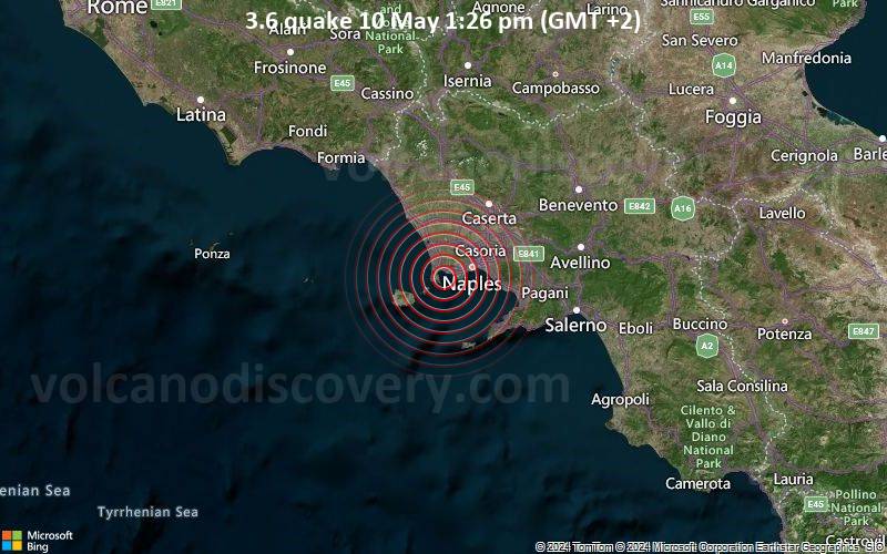 Leichtes Erdbeben der Stärke 3.6 - Tyrrhenisches Meer, 20 km nordöstlich von Ischia , Kampanien, Italien, am Freitag, 10. Mai 2024, um 13:26 (Rome Zeit)