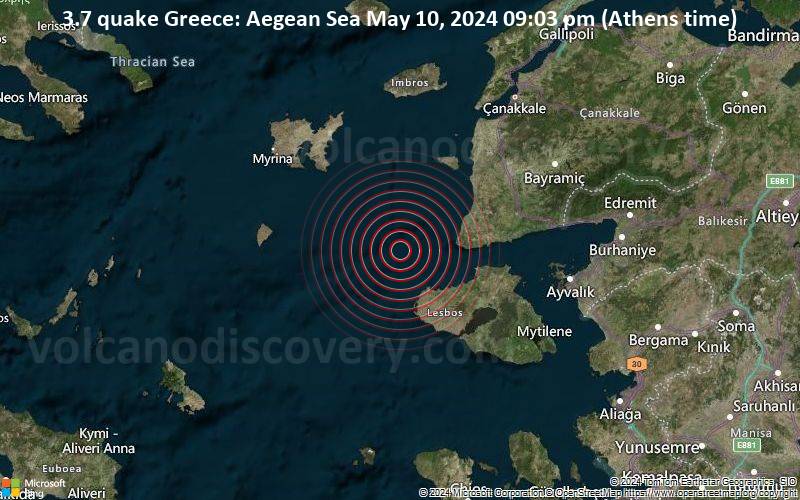 Leichtes Erdbeben der Stärke 3.7 - Greece: Aegean Sea am Freitag, 10. Mai 2024, um 21:03 (Athens Zeit)